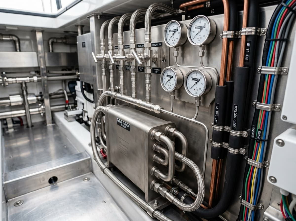 Custom marine titanium heat exchanger and chiller manifold plant